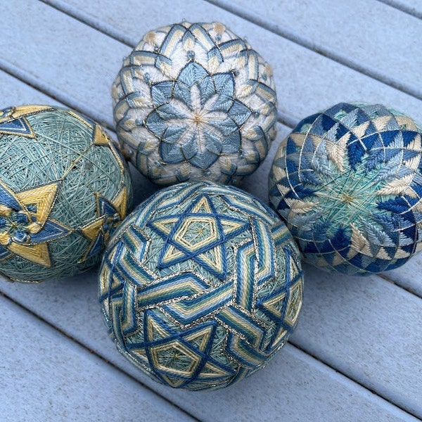 LG/MED Handmade Temari Ball w/ Hanger 3 1/2 inch | Blue, Yellow, Gold, Silver, Navy Blue, White | Diagonal, Floral, Abstract, Geometric |