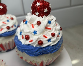 Fake Patriotic Cupcake | Fake 4th of July Cupcake | Fake Stars and Stripes Cupcake | Patriotic Tier Tray | 4th of July Decor