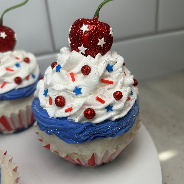 Fake Patriotic Cupcake | Fake 4th of July Cupcake | Fake Stars and Stripes Cupcake | Patriotic Tier Tray | 4th of July Decor