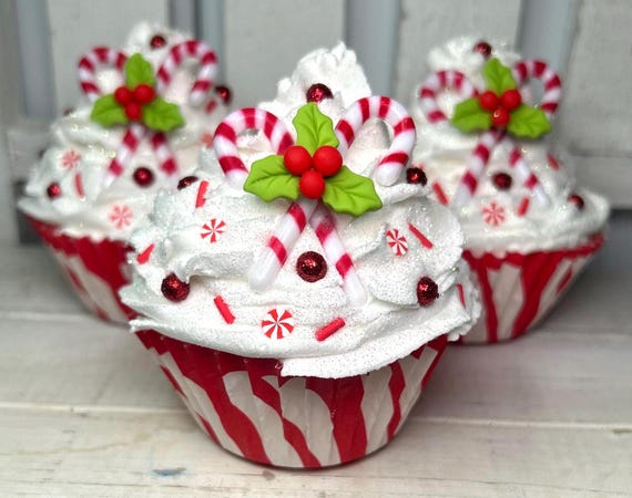 Fake Candy Cane Cupcake | Fake Christmas Cupcake | Fake Holly Berry Cupcake | Fake Peppermint Cupcake | Christmas Decor | Candy Cane Decor
