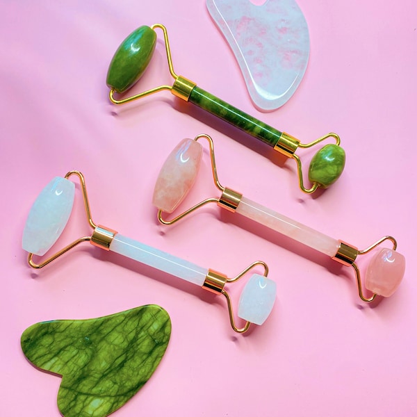 Gua Sha & Jade Roller Set- Gift For Women Rose Quartz Gua Sha- White Quartz Gua Sha- Xiuyan Jade Gua Sha- Facial Tools - 100% Natural Stone