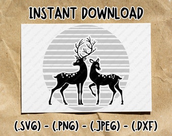 鹿 SVG、自然鹿 SVG、太陽 SVG、動物 SVG、鹿のシルエット、鹿のクリップアート、鹿のカップル SVG、鹿のクリップアート、鹿のクリカット、鹿のベクター、Png