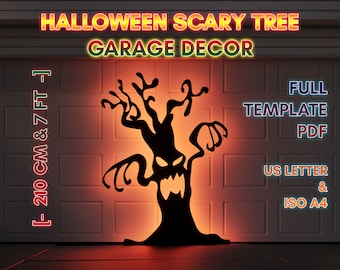May include: A black Halloween Scary Tree garage decor silhouette with a menacing face and outstretched arms. The tree is approximately 7 feet tall. Text on the image includes "Halloween Scary Tree Garage Decor" and "Full Template PDF".