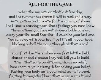 Pode incluir: Uma citação motivacional sobre esportes e a realização de sonhos. O texto diz "ALL FOR THE GAME" e inclui um poema sobre a dedicação e o trabalho árduo necessários para ter sucesso nos esportes. O poema está sobre um fundo de bola de futebol.