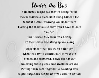 Under the Bus Betrayal Toxic Relationships Broken Trust Printable Poem Art **Instant Download**