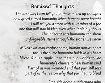 Pode incluir: Uma imagem em preto e branco com um fundo branco e um texto cinza sobreposto. O texto diz "Remixed Thoughts" e inclui um poema sobre os desafios de entender e aceitar as diferenças entre as pessoas.