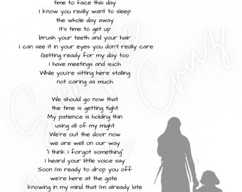 Pode incluir: Uma silhueta preta e branca de um pai e um filho andando de mãos dadas. A imagem é acompanhada por um poema sobre os desafios e as alegrias da paternidade, com versos como "É hora de levantar, amor" e "Lembre-se apenas do meu amor".