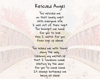 Pode incluir: Um poema sobre um anjo resgatado, escrito em cursiva em um fundo branco com uma imagem desfocada de uma ponte de madeira no fundo. O poema diz: "Anjo Resgatado Você me resgatou naquela noite solitária Com todos os outros Eu estava fora de vista Você me trouxe para casa para que você amasse Agora eu te observo de cima Você me ajudou com coisas ao longo do caminho Limpando minhas bagunças que de alguma forma fiz Esperando na porta para que você volte para casa Sempre me incomodou estar sozinho Obrigado meu humano por sua graça Agora compartilhamos um vínculo que nunca será substituído Você era exatamente o que eu precisava e orei Um lugar seguro e quente para minha cabeça descansar Eu vou cuidar de você agora como você fez por mim Até que chegue o momento em que nos encontraremos novamente Quando esse momento chegar apenas procure a porta Eu estarei lá atrás dela esperando pacientemente mais uma vez"