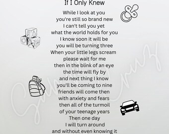 Pode incluir: Um poema intitulado "Se eu soubesse" sobre a passagem do tempo e o crescimento. O poema está escrito em texto preto sobre fundo branco com ilustrações de uma chupeta, blocos de construção, uma mochila, um carro, uma borboleta e um coração.