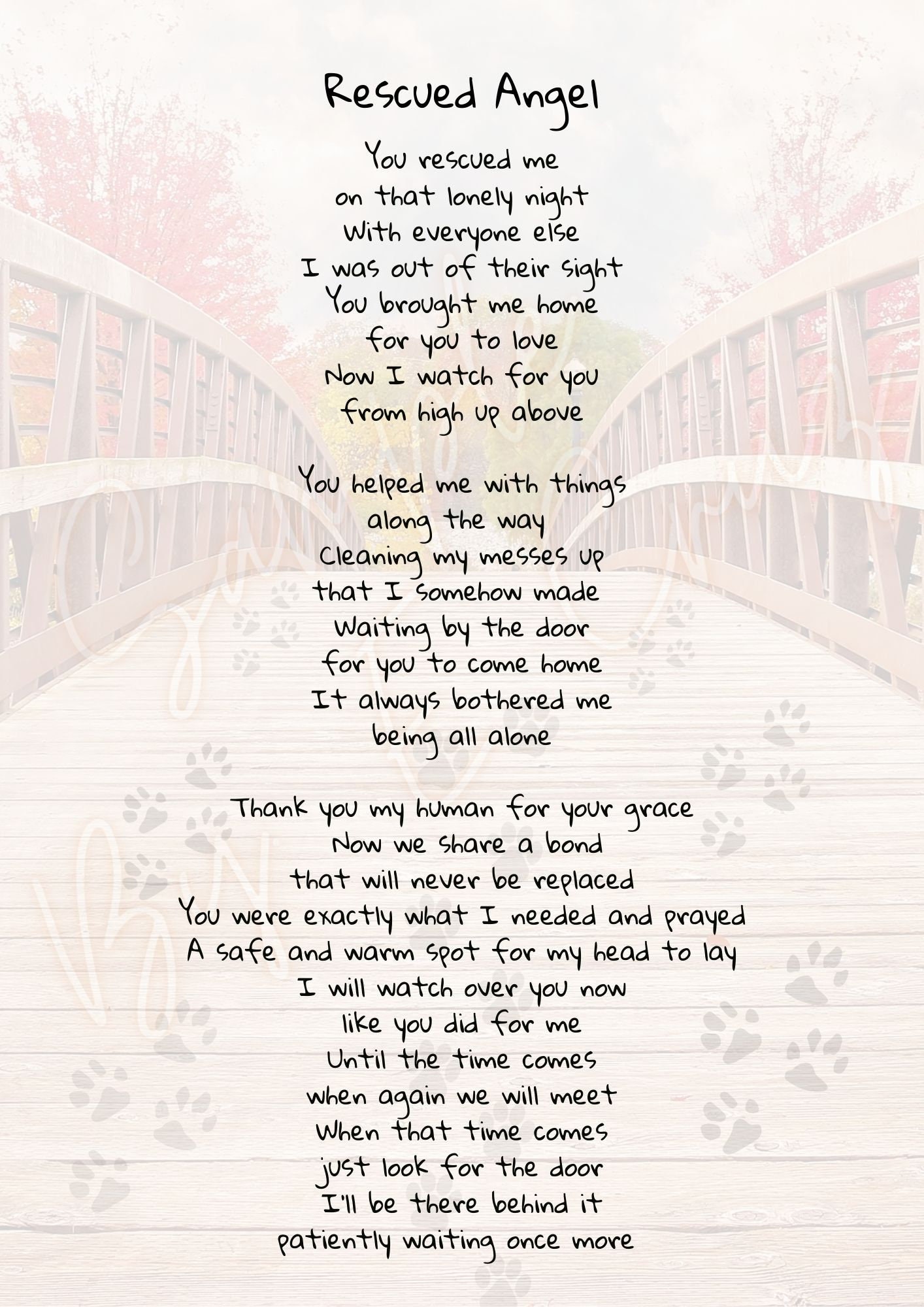 Rescue Pet Angel Grief Sadness Goodbye Memory Printable Poem **digital