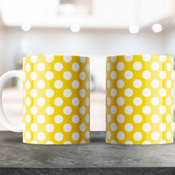 Yellow Polkadot Mug Design, Mug Wraps, 11oz Mugs, Sublimation Designs, Mug Template, Coffee Mugs, Plantillas para taza de cafe, Cool Mugs