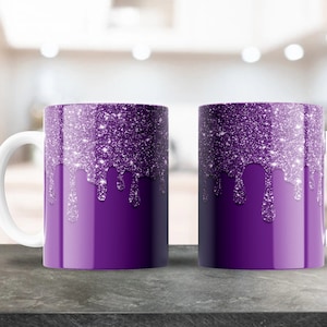 Design della tazza viola, involucri della tazza, tazze da 11-15 once, design della sublimazione, modello di tazza, tazze da caffè, Plantillas para taza de cafe, Glitter Drip PNG