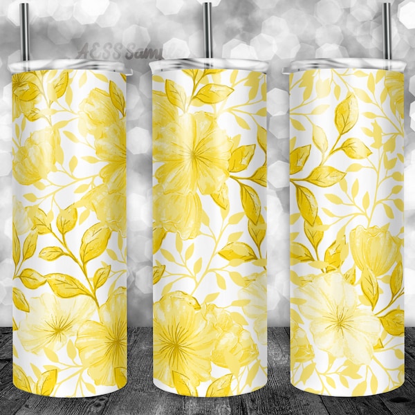 Yellow Floral Tumbler Design for 20oz Tumbler, Tumbler Wrap, Sublimation Design Can be used for Sublimation & More, Watercolor Flower Design