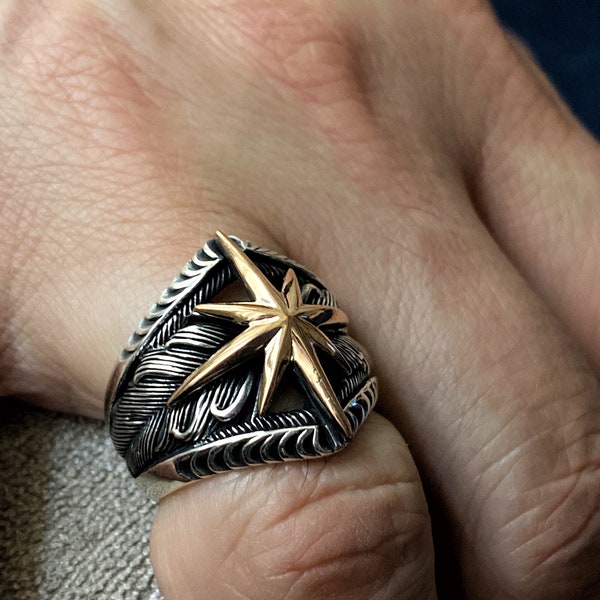 Silver Men Star Ring, Compass North Star Mens Ring, North Star Ring, Gold Detailed Star Ring, Sterling Silver Men Ring, Ring for Women Men