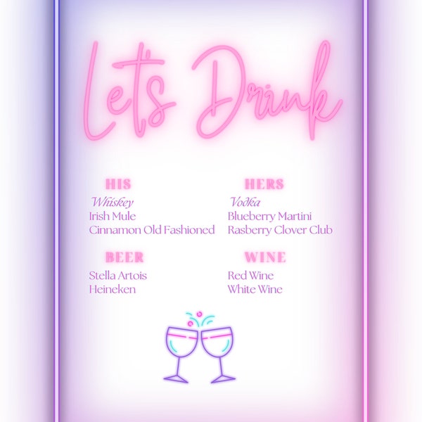 Neon Drink Menu Template - Instant Download Wedding Drink Menu, Self-Editing, Printable, Menu Printable, Editable, Customizable, DIY