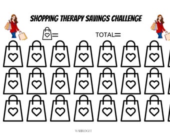 Puede incluir: Un desafío de ahorro de terapia de compras imprimible con 30 bolsas de compras con corazones. El desafío es ahorrar dinero y llenar las bolsas con ahorros. El texto en la página dice "Shopping Therapy Savings Challenge" y "Total = ".