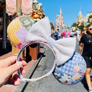 Quilt Patches Mouse Ears with White Bow, Country Style Mouse Ears, Theme Park Ears, Ears Headband