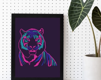 Purple Neon Tiger Digital Download, Printable Artwork, Original Art Print