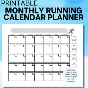 May include: Printable monthly running calendar planner with a blue watercolor background. The black and white planner includes spaces for each day of the week, goal setting, and tracking progress. Text includes "Create your monthly and weekly training plans and goals and track progress."