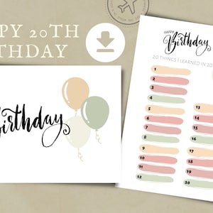 Cartão de aniversário para impressão e reflexão sobre lições aprendidas | 20 coisas em 20 anos | Cartão de aniversário de 20 anos de Digitas | Cartão de balão de feliz aniversário