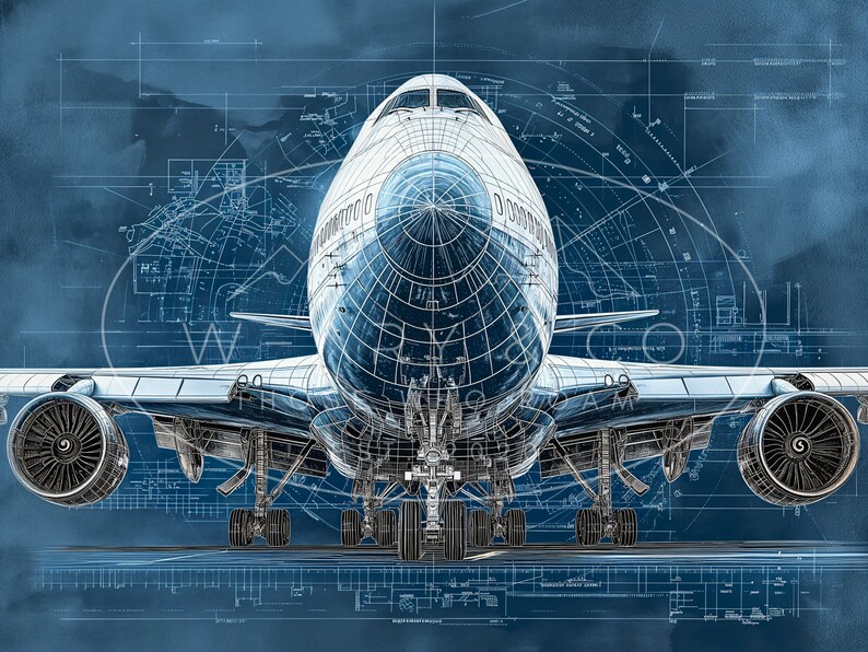 Boeing 747 Blueprint Digital Poster B747 Perfect Pilot Gift Man Cave ...