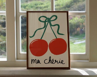 Ma Cherie UNFRAMED Print | Cherry Bow Poster Bow Prints Cherry Art French Art Trendy Wall Decor Bow Poster Home Wall Prints Red Cherry Print