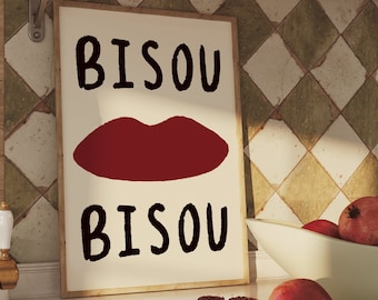 Bisou Bisou UNFRAMED Print | French Print Handwritten Print French Kiss Poster French Home Decor French Wall Art Colourful Wall Art Chic Art
