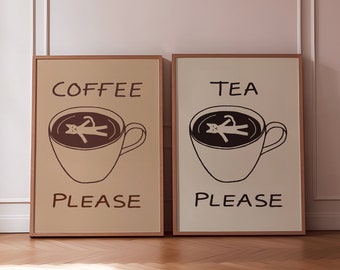 Coffee / Tea Please UNFRAMED Print | Kitchen Print Kitchen Wall Decor Kitchen Decor Coffee Prints Cat Poster Funny Print Funny Kitchen Print