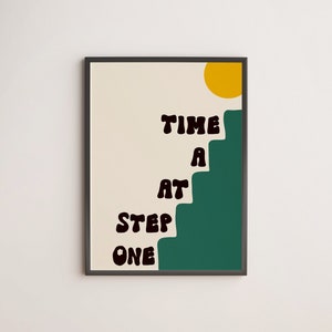 One Step at a Time Art Print Typography Print, Positive Art Poster, Retro Prints, Retro Art, Colourful Wall Art, Aesthetic Wall Decor Green