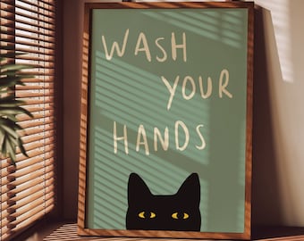 Wash Your Hands UNFRAMED Print | Bathroom Poster Funny Bathroom Decor Toilet Wall Art Toilet Poster Funny Cat Art Toilet Print Funny Cat Art