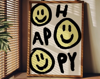 Happy UNFRAMED Print | Happy Faces Poster Hand Drawn Art Positive Wall Art Smile Art Funky Poster Graffiti Art Colourful Wall Decor Bold Art