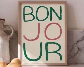 Bonjour UNFRAMED Print | Bonjour Print Colourful Wall Decor Bonjour Poster French Print Hallway Decor Print Hallway Poster Housewarming Gift