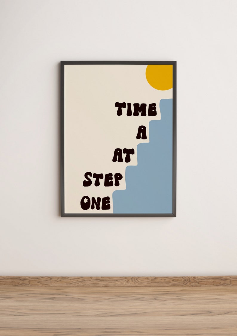 One Step at a Time Art Print Typography Print, Positive Art Poster, Retro Prints, Retro Art, Colourful Wall Art, Aesthetic Wall Decor Blue