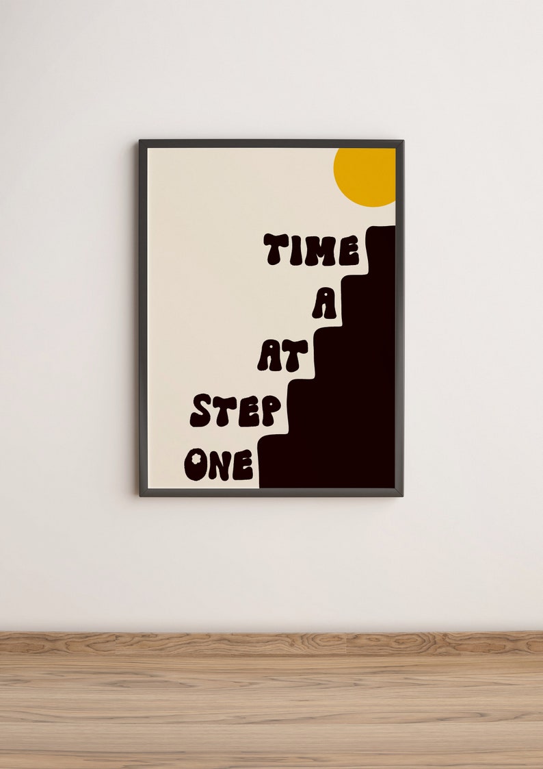 One Step at a Time Art Print Typography Print, Positive Art Poster, Retro Prints, Retro Art, Colourful Wall Art, Aesthetic Wall Decor Black