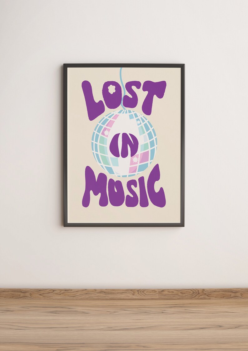 Lost in Music Art Print Typography Print Music Poster Disco Ball Print Retro Prints Retro Art Colourful Wall Art Gifts for Music Lovers Purple