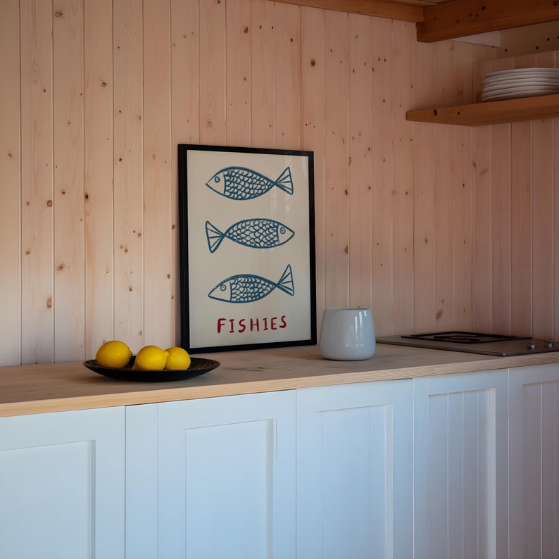 Impresión sin marco de peces / Impresión de peces Póster minimalista Arte de cocina Impresiones de cocina Decoración de cocina Impresiones de cocina minimalistas Póster de peces para baño imagen 1