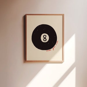 Make Your Move UNFRAMED Print | Lucky 8 Ball Print Retro 8 Ball Pool Poster Hand Drawn Prints Retro Games Posters Living Room Decor Trendy Black & Red