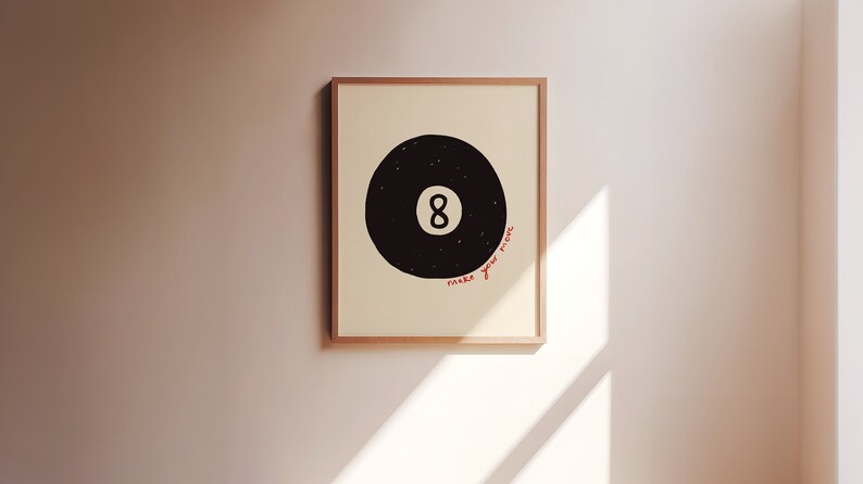 Make Your Move UNFRAMED Print | Lucky 8 Ball Print Retro 8 Ball Pool Poster Hand Drawn Prints Retro Games Posters Living Room Decor Trendy Black & Red