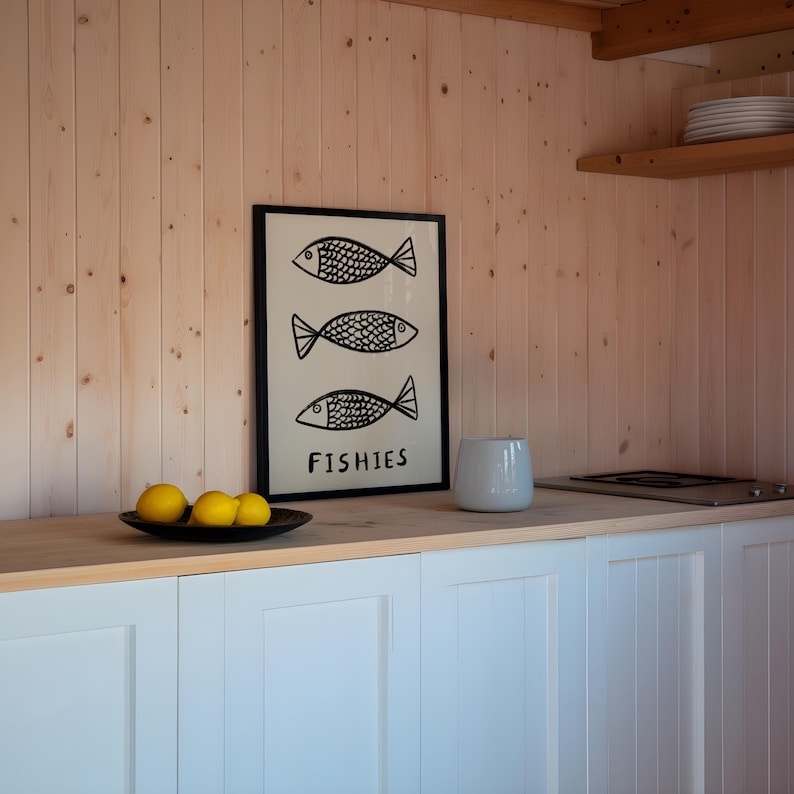 Impresión sin marco de peces / Impresión de peces Póster minimalista Arte de cocina Impresiones de cocina Decoración de cocina Impresiones de cocina minimalistas Póster de peces para baño Black
