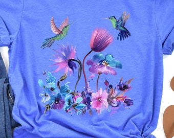 Watercolor Flower and Hummingbird tshirt, Tropical Floral Watercolor tee