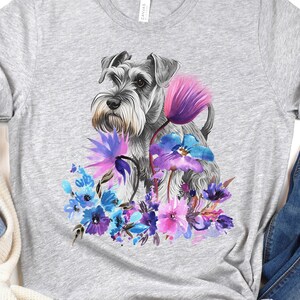 Dwergschnauzer in aquarel Wildflowers tshirt, hondenliefhebber cadeau