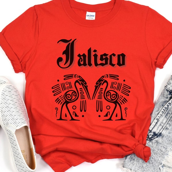 Jalisco graphic with twin Mayan Cranes t shirt, camiseta de Jalisco con dos Grullas estilo Maya