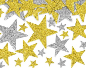 Glitter Star Stickers - Pack of 200 Golden and  Silver Self Adhesive Reward Stickers for DIY Art & Craft Projects in 3 Sizes
