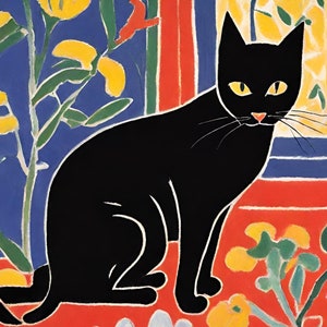 Black Cat Painting Matisse Style, Floral Painting With Kitten, Home ...