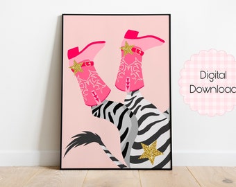 Pink Cowgirl Boots Zebra | Preppy Zimmer Dekor | Girly Wand kunstdruck | Digitaldruck