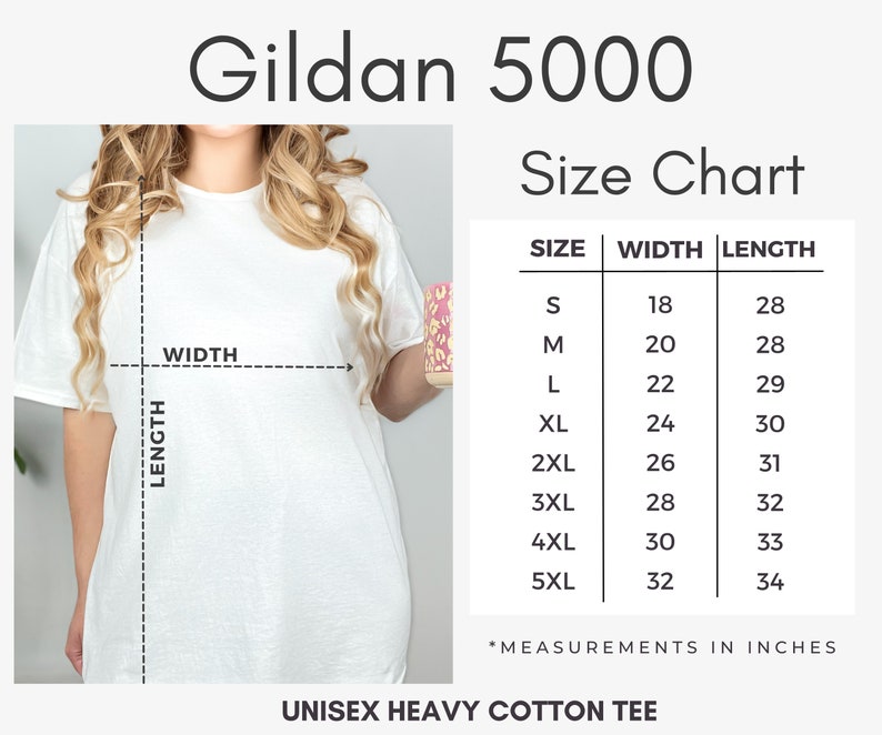 K&ouml;nnte beinhalten: Gr&ouml;&szlig;entabelle f&uuml;r Gildan 5000 Unisex Heavy Cotton T-Shirts. Die Tabelle zeigt die Breite und L&auml;nge in Zoll f&uuml;r die Gr&ouml;&szlig;en S bis 5XL.