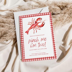 Red Pinch Me I&#39;m One Birthday Invitation | Crawfish Birthday Party Invitation | Crawfish Boil Invitation | Ofishally One Birthday Theme |