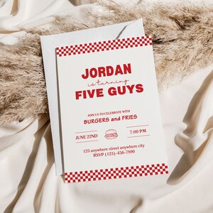 Invitation de cinq types | Fête des hamburgers et des frites | Faire-part 5e anniversaire | Invitation d'anniversaire pour 5e anniversaire | Burgers et frites Five Guys