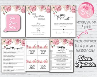 May include: A collection of printable bridal shower games and signs. The designs feature pink floral accents and elegant fonts. Games include "Ring Hunt", "Guess Who", and "Find the Guest". The text "Personalize with Corjl" is also visible.