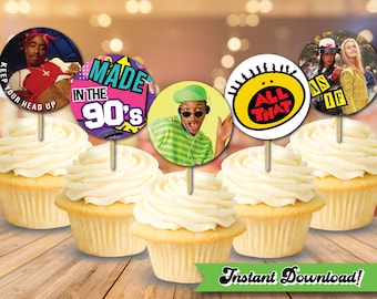 90s Cupcake Toppers Instant Download | Set of 12 | Back to the 90s Party | Party Food Signs for 90s Theme Party | 90s Nostalgia Party Decor
